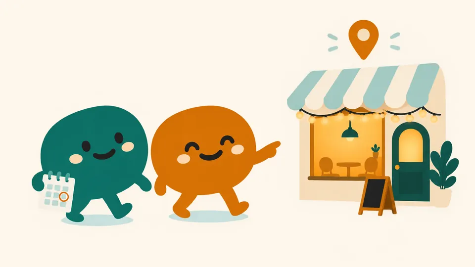Two chat-bubble friends, teal and amber, walk to a café together; one carries a calendar with a day circled.
