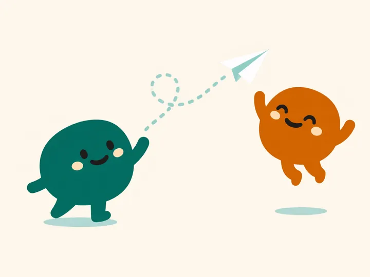One friend launches a paper plane, the other jumps up happily to catch it.