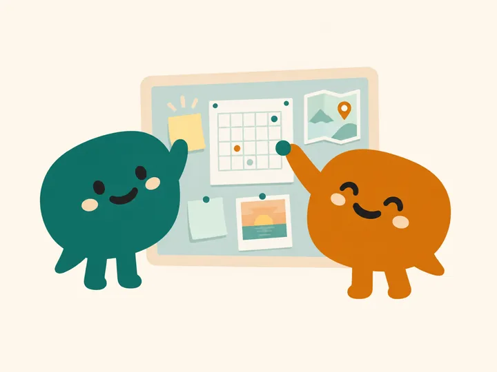 Two friends at a shared board with a map and a pin, a photo, sticky notes and a calendar with marked days.
